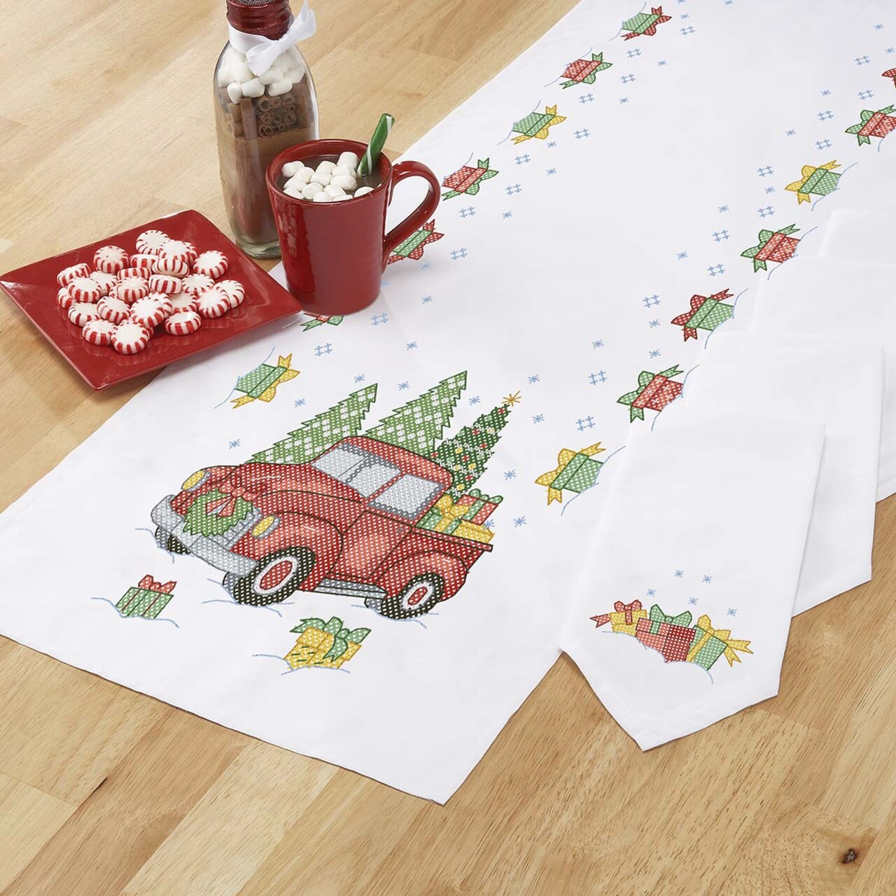 Herrschners Christmas Truck Table Runner Stamped Cross-Stitch